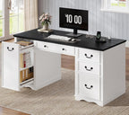 60'' Farmhouse Executive Desk with Drawers, Home Office Desk with Power Outlet & Keyboard Tray, Wood Computer Desk with File Drawer & Slide-Out Storage Shelves, Writing Desk for Work, White