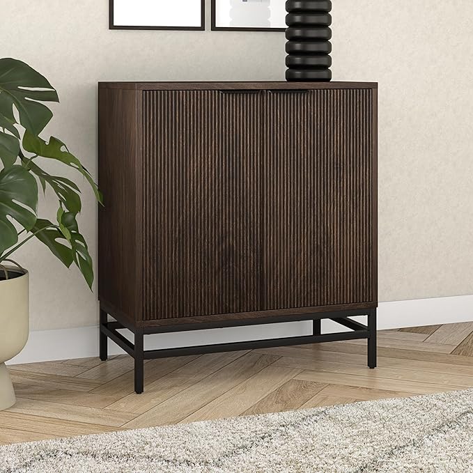 Henn&Hart 28" Fluted Wooden Accent Cabinet, Modern Ribbed Sideboard Buffet Cabinet with 2 Doors and an Adjustable Shelf for Living Room, Dining Room, Bedroom or Entryway, Alder Brown