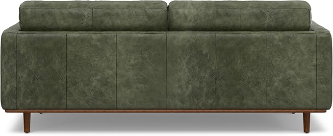 SIMPLIHOME Morrison 89-inch Wide Sofa in Moss Green Genuine Leather, Mid-Century Modern Design Couch for Living Room, Single Bench Cushion, 2 Back Cushions, 2 Bolster Pillows