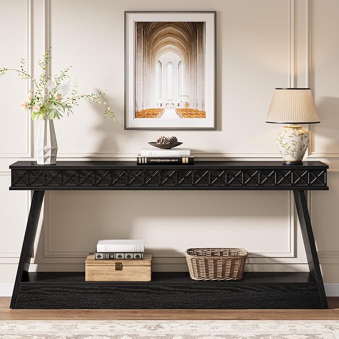 Tribesigns Modern Console Table, 71-Inch Extra Long Entryway Table with Storage, 2-Tier Narrow Sofa Table Behind Couch, Farmhouse Wooden Accent Table for Living Room, Hallway, Foyer, Black