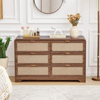 6 Drawer Dresser for Bedroom, 48" Wide Curved Wooden Dresser with Natural Linen & Metal Handle, Mid Century Modern Chest of Drawers Closet Clothes Storage Organizer for Living Room, Walnut