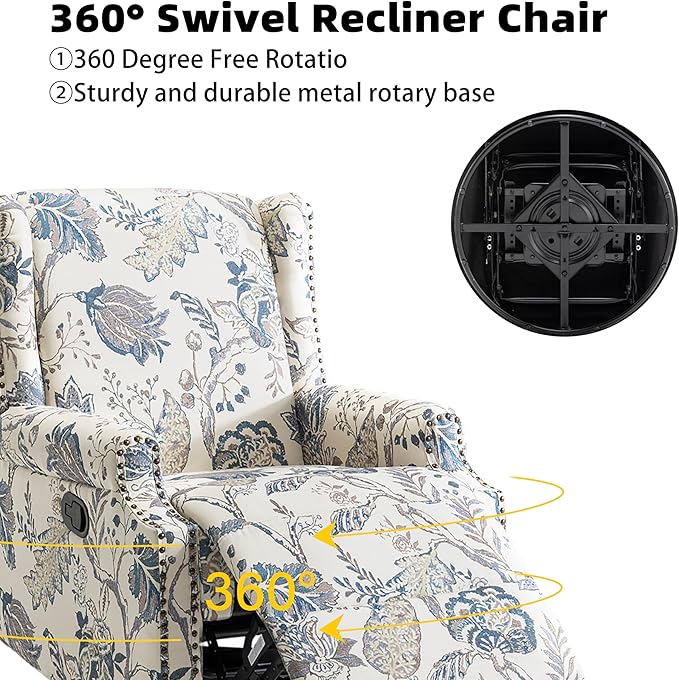 Premium 360° Swivel Recliner Chair with Footrest - Luxurious Cotton Linen & Botanical Design-Bule Plant