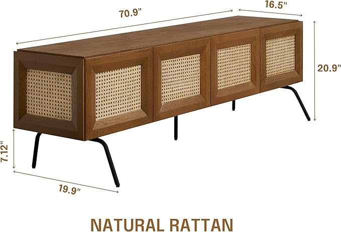 NTC Mossic TV Media Cabinet with 4 Doors for TVs, Entertainment Center with Natural Rattan, Metal Legs, Modern Storage Console for Living Room and Bedroom, Effortless Assembly, Rustic Oak