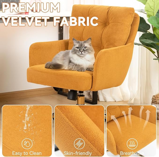 Velvet Office Chair, Comfy Home Office Desk Chairs with Lumbar Support, Modern Velvet Desk Chair Gold Legs Small Swivel Task Chair for Home Office, Bedroom, Study (Yellow, L)