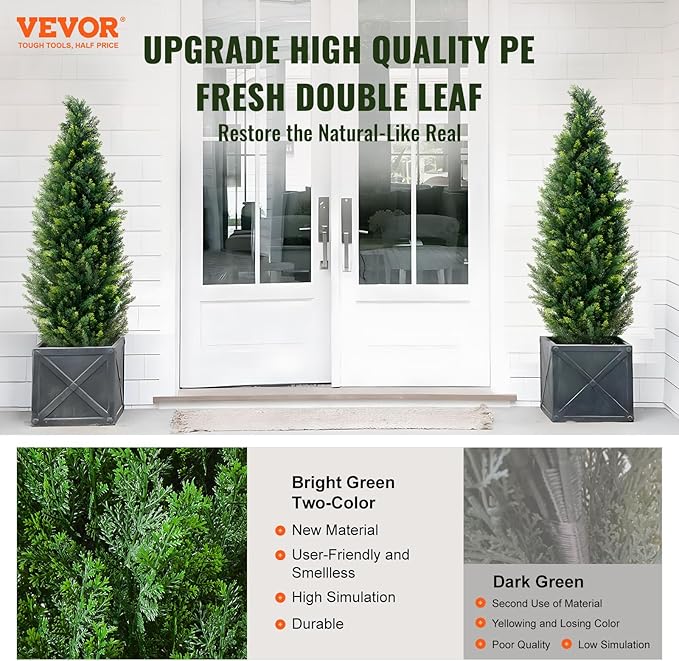 VEVOR Artificial Topiary Cedar Tree, 48 inch Tall (2 Pieces), with Extra Leaves & Pot Faux Evergreen Fake Pine Cypress Trees Plant, UV Rated Artificial Greenery Set for Home Decor Indoor/Outdoor