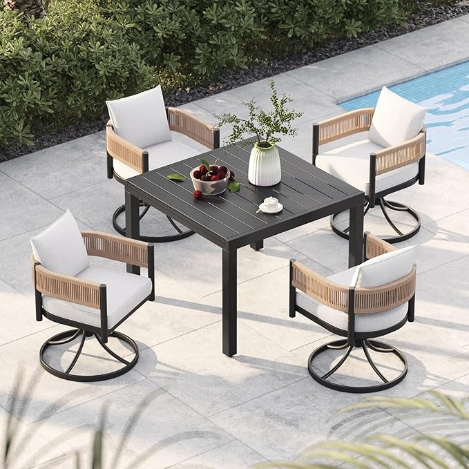 Grand patio 5-Piece Outdoor Dining Set for 4 with 1 Rectangle Expandable Table for 4-6 Person, Metal Woven Wicker Swivel Patio Chairs with Thickened Cushions for Yard, Poolside (Natural)