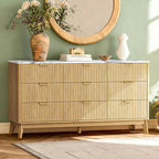 Fluted 9 Drawer Dresser, 57" Wide Chest of Drawers with Faux Marble Top,Modern Dresser TV Stand, Wood Closet Clothes Storage Organizer with Curved Edges for Bedroom, Living Room, Natural