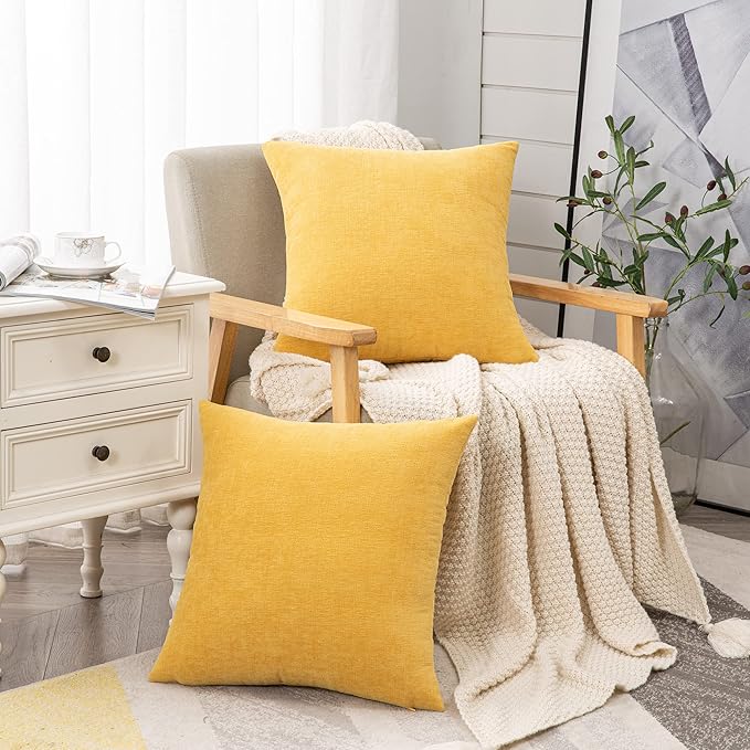 GAWAMAY Decorative Square Throw Pillow Covers 22"x22" Inch Set of 2, Super Soft Chenille Pillows Farmhouse Fall Pillowcase for Living Room Bedroom Sofa Couch Cushion Cover Mustard Yellow 55x55cm