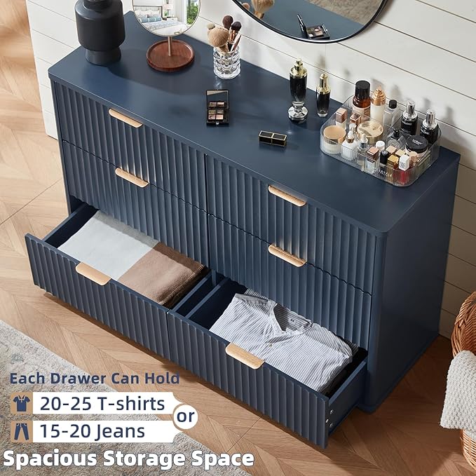 LEYAOYAO Fluted 6 Drawers Dresser Set of 2, 48" Wide Modern Chest of Drawers with Wood Grain Top, Curved Profile Design, Dresser TV Stand, Wooden Drawer Organizer for Bedroom, Living Room,Hallway,Blue