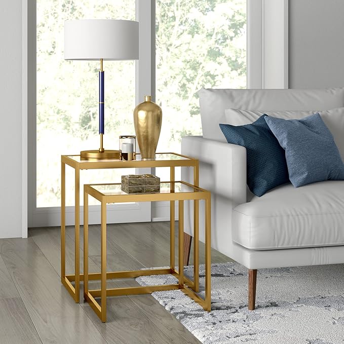 Henn&Hart Rectangular Nested Side Table in Brass, Table for Living Room, Bedroom