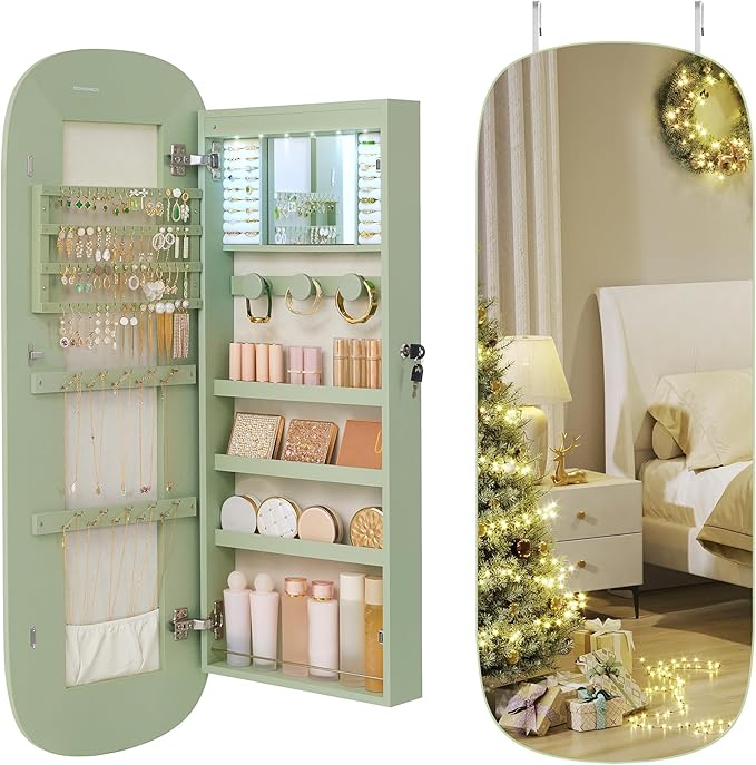 SONGMICS Jewelry Organizer, LED Jewelry Cabinet Wall/Door Mounted, Lockable Rounded Wide Mirror with Storage, Christmas Gift 3.9 x 16.5 x 42.5 Inches, Laurel Green Surface with Cream White Lining