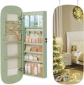 SONGMICS Jewelry Organizer, LED Jewelry Cabinet Wall/Door Mounted, Lockable Rounded Wide Mirror with Storage, Christmas Gift 3.9 x 16.5 x 42.5 Inches, Laurel Green Surface with Cream White Lining