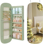 SONGMICS Jewelry Organizer, LED Jewelry Cabinet Wall/Door Mounted, Lockable Rounded Wide Mirror with Storage, Christmas Gift 3.9 x 16.5 x 42.5 Inches, Laurel Green Surface with Cream White Lining