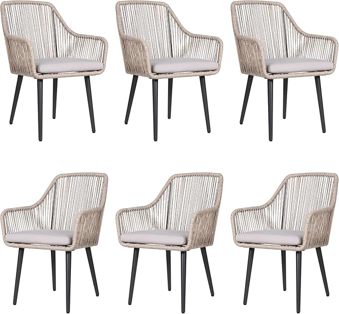 JOIVI Outdoor Dining Chairs Set of 6, 6 Pieces Woven Rope Patio Chairs with Armrest and Seat Cushions for Outside Porch, Balcony or Indoor Dining Kitchen, Restaurant, Tan