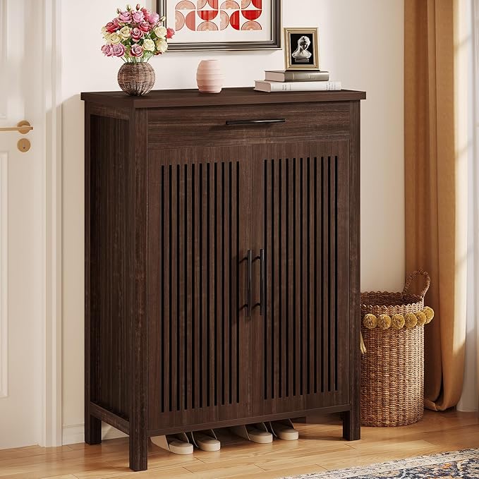Tribesigns Shoe Cabinet, 5-Tier Shoe Storage Cabinet with Louvered Doors and Drawer, Freestanding Wooden Shoe Rack Organizer with Adjustable Shelves for Entryway, Hallway, Closet, Black Walnut