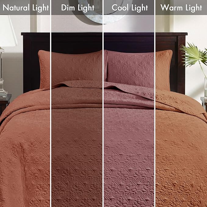 Madison Park King Quilt Set Reversible Damask Quilted Coverlet for King Size Bed, Cotton-Filled Quilts, All Season, Lofty & Warm Bedspread, Quebec, King Clay Red 3 Piece