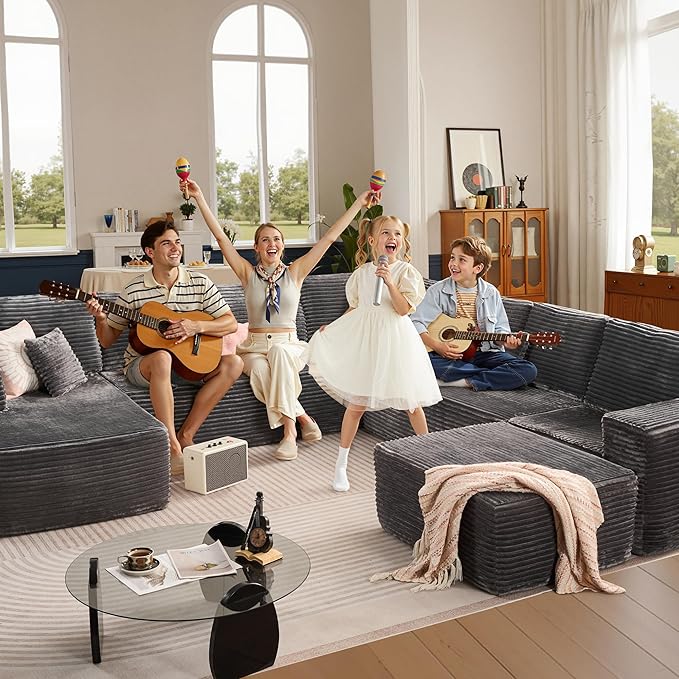 146'' Oversized Boneless Sectional Couch, U Shaped Cloud Couches with Chaise & Ottoman, Plush Corduroy 8 Seater Deep Seat Modular Sofa Sets for Living Room, No Assembly Required, Gray