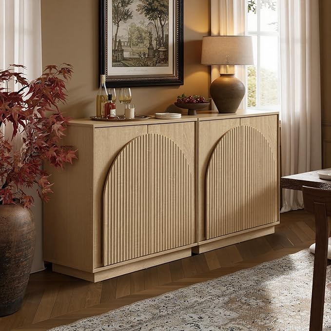 win2win Fluted Sideboard Buffet Cabinet with Storage, 31.5" Modern Boho Accent Cabinet with Double-Layered Arch Doors, Small Wood Console Credenza for Living Room, Dining Room, Entryway, Hallway, Oak