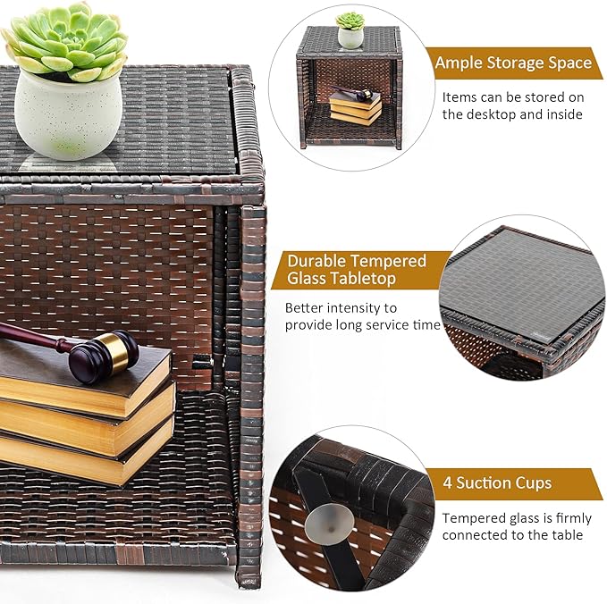 COSTWAY 3 Pieces Patio Furniture Sets, Outdoor Rattan Conversation Set with Tempered Glass Tabletop and Soft Cushion, Wicker Cushioned Chair Sofa for Backyard, Porch, Poolside, Lawn, White