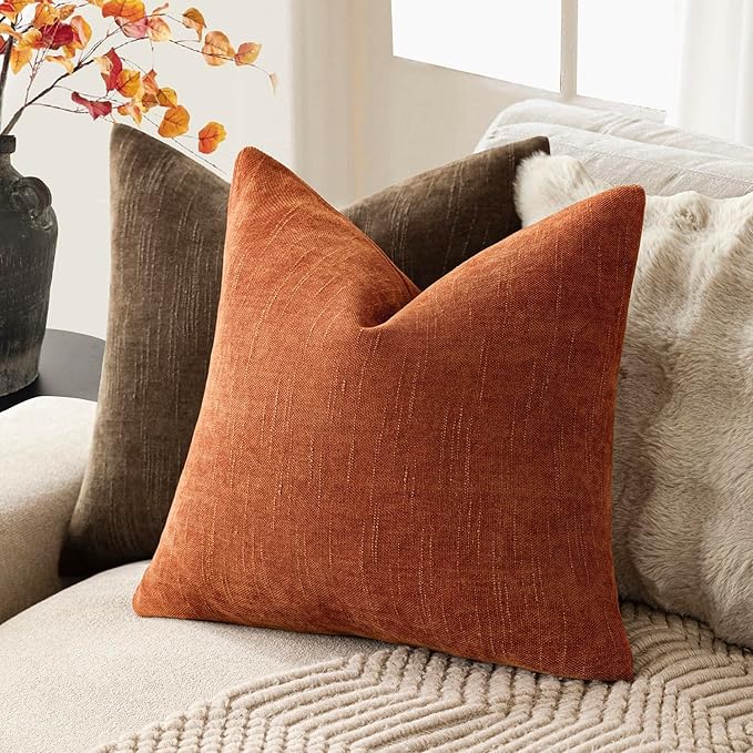 Foindtower Pack of 2 Soft Textured Chenille Throw Decorative Pillow Covers Square Accent Solid Cushion Cover Cozy Neutral Farmhouse Pillow Case for Couch Sofa Bedroom Living Room 26x26 Inch,Orange
