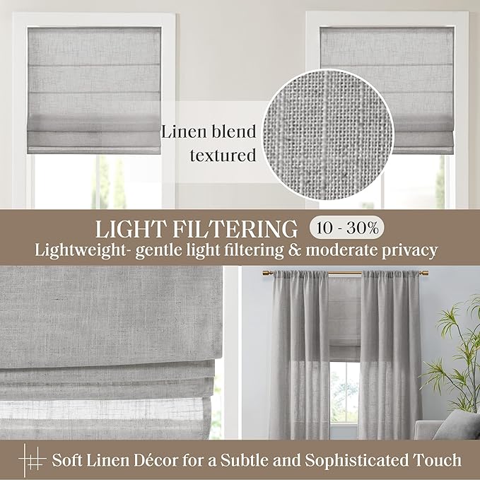 Madison Park Kyler Cordless Roman Shades - Single Panel, Lightweight Linen Blend Fabric, Natural Design, Easy Installation, Light Filtering Window Blind, Bedroom, Living Room Decor 29" W x 64" H Grey