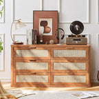 LEYAOYAO Rattan 6 Drawer Dresser for Bedroom, 54" Wide Boho Chest of Drawers, Wooden Dressers TV Stand with Metal Handle, Storage Closet Organizer for Living Room, Hallway, Tea Brown