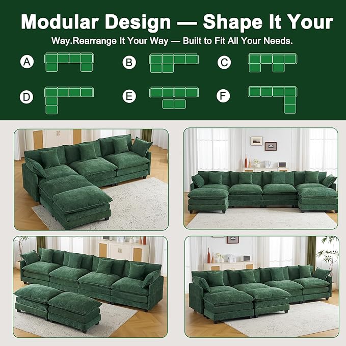 146" U Shaped Sectional Cloud Couch with 2 Ottomans｜Large Chenille Modular Sofa for Living Room｜FSC Solid Wood Frame｜29.1" Deep Seat｜Easy Assembly & 1YR Guarantee Green