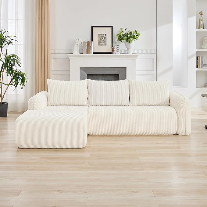 103'' Boneless Corduroy L Shaped Couch, 3 Seat Modular Sectional Deep Seat Sofa with Chaise Lounge, No Assembly Cloud Lounge Sleeper Sofa, White