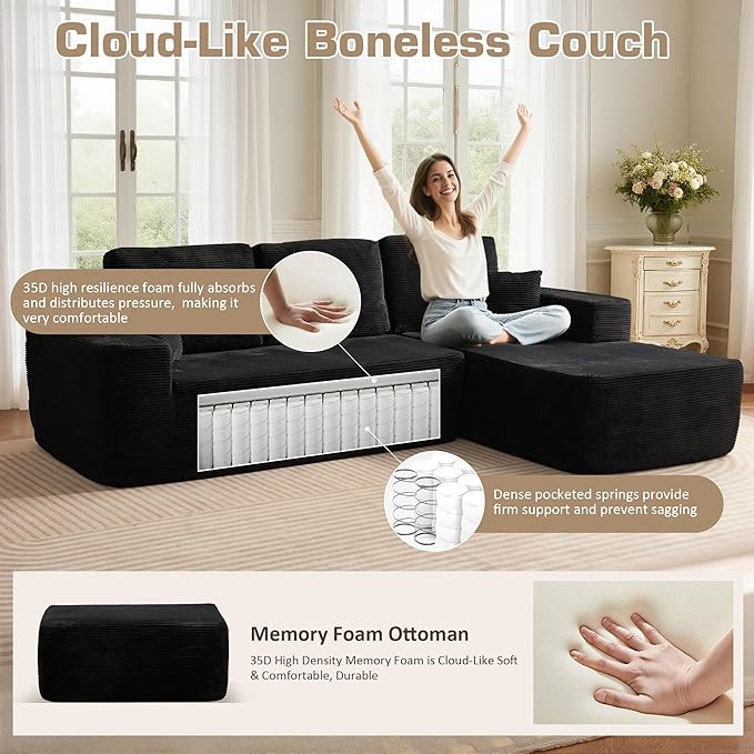 106" Cloud Sectional Couch with L-Shape Chaise & Ottoman, No Assembly Modular Sofa, Deep Seat Corduroy Boneless Couched for Living Room (Black Stripe Corduroy, Right Facing Chaise with Ottoman)
