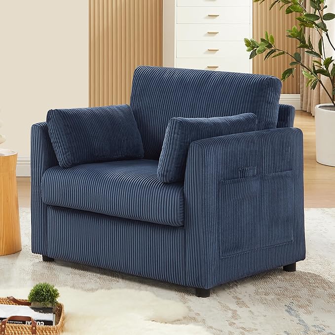 Living Room Sofa Set, Corduroy 3-Seat Couch with Set of 2 Accent Side Chairs, Soft Pillows and Side Pockets, Modern Living Room Furniture Sets for Apartment, Small Spaces, Navy Blue