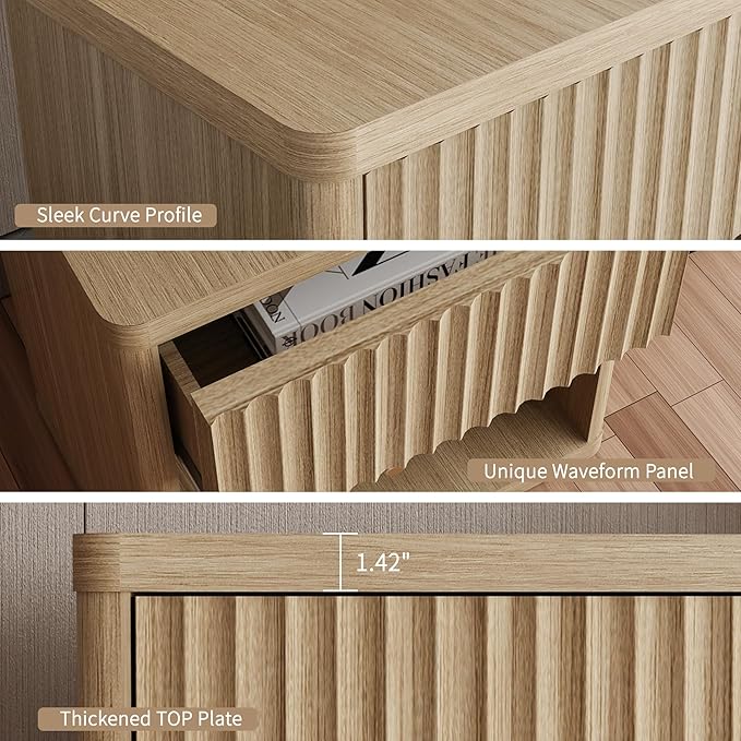 Large Modern Nightstand with Drawer Storage 22.8Inch Wide Fluted Bedside Table End Table for Bedroom, Living Room, Sofa, Couch, Home Office，Mid Century Bed Stands