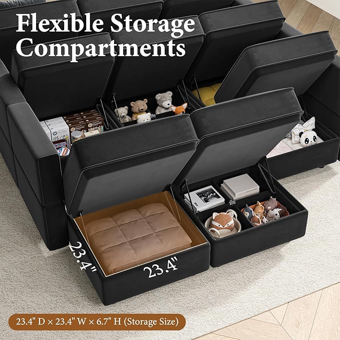 Vesgantti Modular Sofa Bed with Storage, 92" Sleeper Sofas with 9 Seats Storage Chaises Removeble Cover, Luxury Large Velvet Sectional Couch Set for Living Room, Apartment, Home Theatre, Black