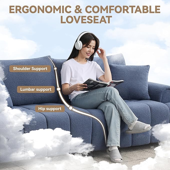 88 "Modern Boucle Sofa Couch, Oversized Comfy 3 Seater Sherpa Curved Sofas Deep Seat, Upholstered Loveseat Teddy Round Arm Couches for Living Room, Bedroom, Blue