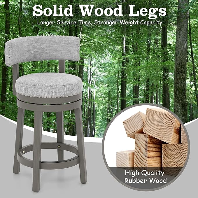COSTWAY Bar Stool, 27-inch 360° Swivel Barstool with Upholstered Back & Seat, Solid Rubber Wood Legs & Footrest, Farmhouse Counter Height Chair for Home, Bar, Cafe, Grey (1, Seat Height 27‘’)