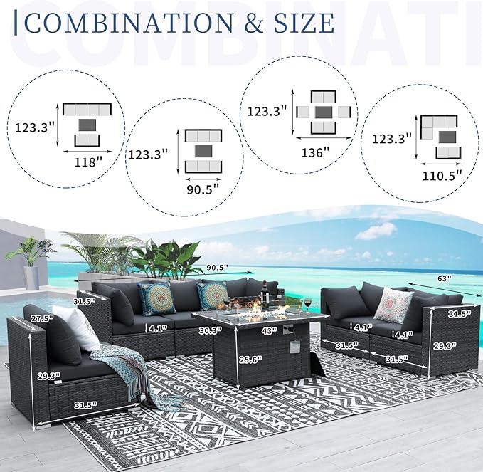 NICESOUL 7 Piece Outdoor Patio Sectional Furniture Set with Fire Pit Table Natural Gas/Propane, 29.3'' High Back Extra Large Size PE Rattan Sofa Conversation for Outside, Wide Deep Seat Couches, Gray