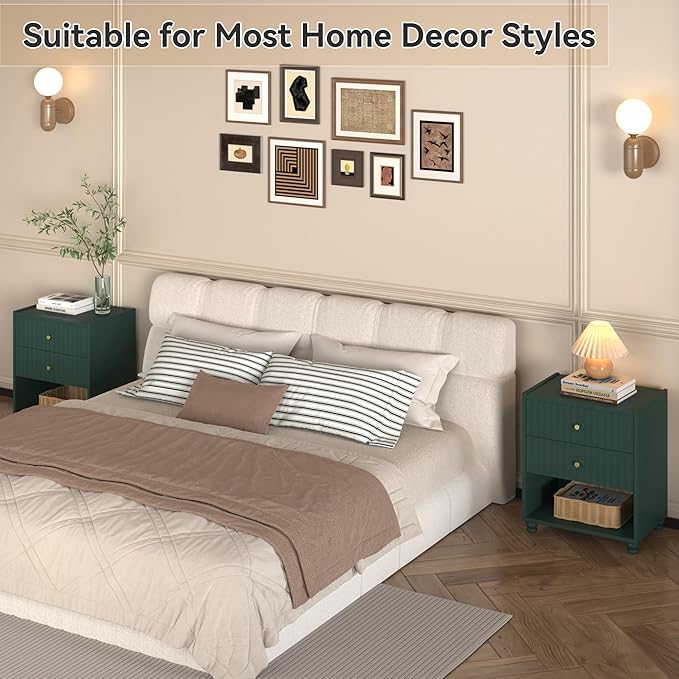 Modern Nightstand, Fluted End Table with 2 Drawers, Nightstand with Open Shelf for Bedroom (1, Green)