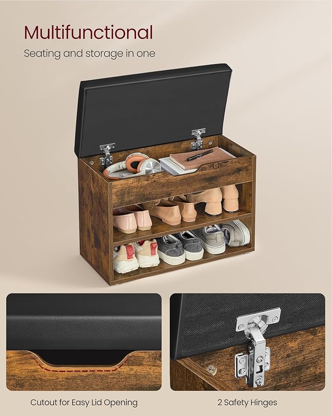 VASAGLE Shoe Bench with Cushion, Storage Bench with Padded Seat, Entryway Bench with 3 Storage Compartments, 11.8 x 23.6 x 17.3 Inches, for Bedroom, Living Room, Rustic Brown ULHS020K03