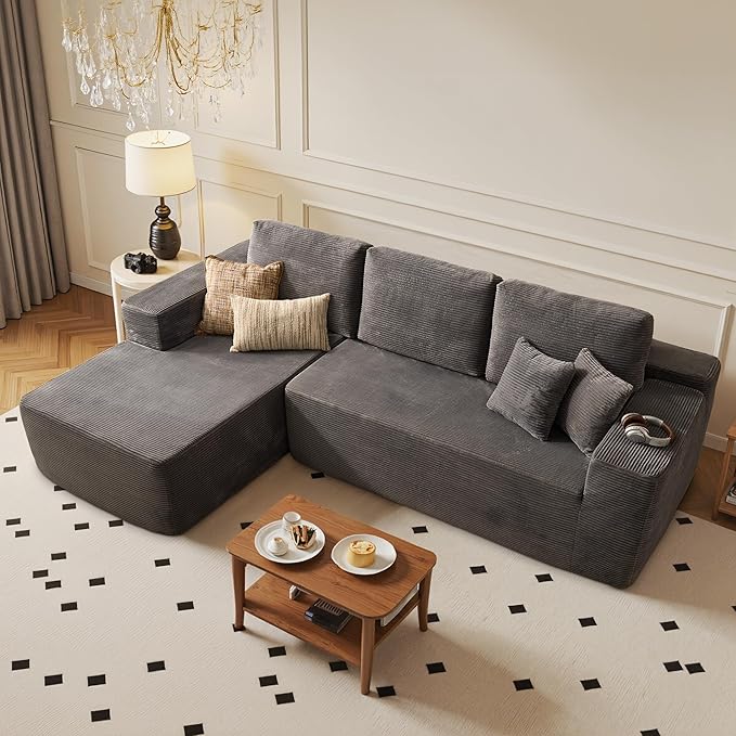 104" Cloud Sectional Couch with Chaise, Boneless L-Shaped Cloud Couch with Deep Seat, Corduroy Modern Minimalist Sofa, Assembly Free Comfy Sofa for Office Living Room Apartment(Grey, Left Chaise)