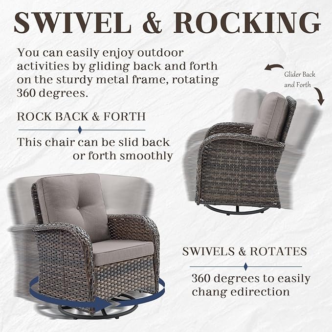 HUMMUH 7-Piece Patio Furniture Set with Fire Pit,Wicker Patio Glider Loveseat Outdoor Swivel Rocker Chairs with Ottomans for Backyard,Poolside,Deck
