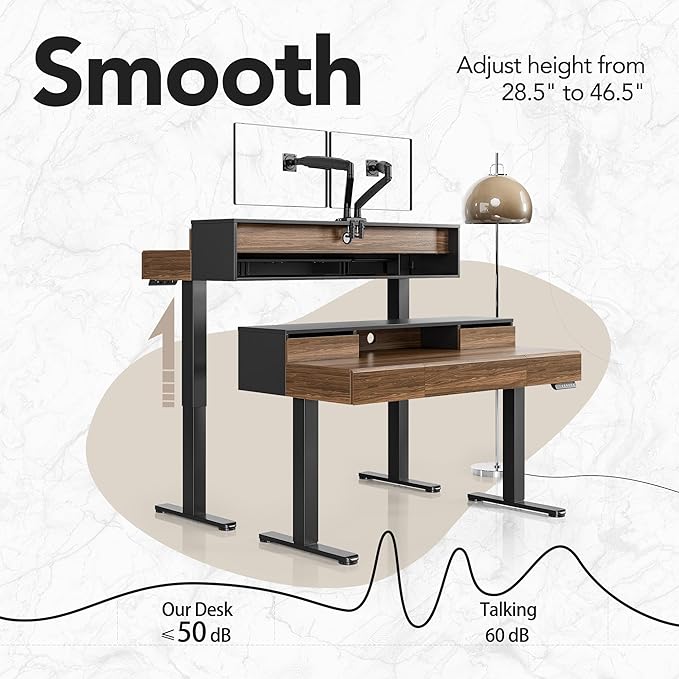HUANUO Electric Standing Desk with Drawers, 48 Inches Height Adjustable Stand Up Desk with Monitor Shelf, Whole-Piece Board Computer Workstation with 4 Memory Height Settings, Black Walnut