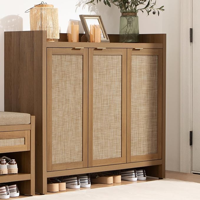 SICOTAS Shoe Storage Cabinet, 30 Pairs Rattan Shoe Cabinet Storage for Entryway, 6-Tier 41" Tall Large Shoe Cabinet, Boho Farmhouse Cabinet with Doors for Entryway Hallway Living Room Closet