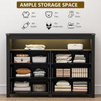 Dresser for Bedroom with 6 Drawers, Wide Chest of Drawers with LED Light and Power Outlet, Wooden Closet Organizer Clothes Storage Cabinet, Modern Double Dressers for Living Room, Hallway, Black