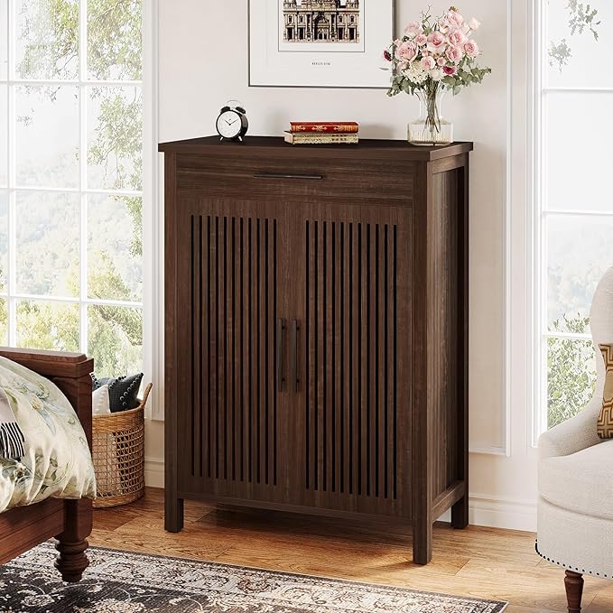 Tribesigns Shoe Cabinet, 5-Tier Shoe Storage Cabinet with Louvered Doors and Drawer, Freestanding Wooden Shoe Rack Organizer with Adjustable Shelves for Entryway, Hallway, Closet, Black Walnut