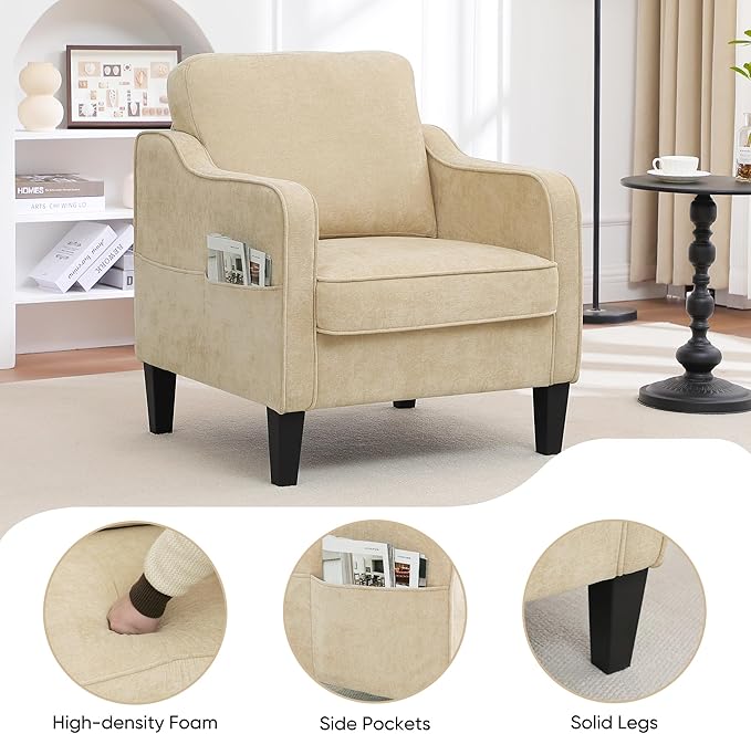 Accent Chairs Set of 2, Upholstered Living Room Chairs with Side Pocket, Mid Century Modern Reading Chair for Bedroom, Comfy Armchair Single Sofa Side Chair for Office, Small Room, Light Brown