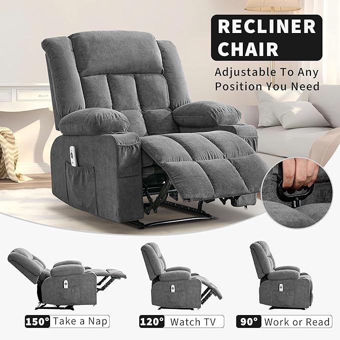 Large Recliner Chair for Adults Overstuffed Fabric Manual Pull Tab Recliner with Cup Holders, Side Pocket, 3-Position Recline, Minimalist Style Single Sofa Chair for Living Room Bedroom, Gray