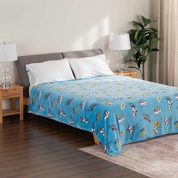 Berkshire Blanket Peanuts® VelvetLoft® Cute Character Snoopy Plush Blanket,Peanuts Large Masked Marvel Toss Happy Blue,Twin 60 in x 90 in (Official Peanuts® Product)