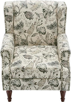 Pia Ricco High Back Floral Accent Chair - Retro Wingback Upholstered Armchair with Nailhead Trim, Solid Wood Legs, Fabric Living Room Bedroom Reading Chair (Plants Beige)