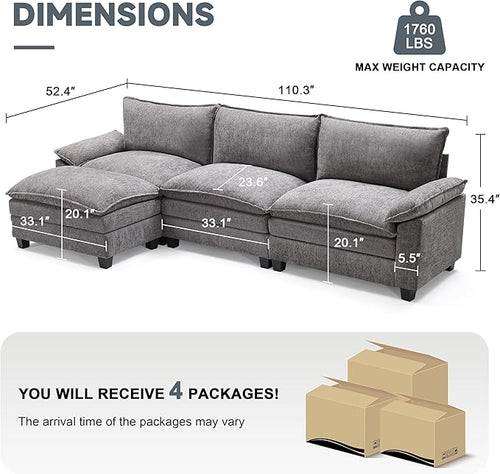 114 Inch Modular Couch Sectionals with Ottoman, Big Comfy Cloud Couches, L Shaped 4 Seat Modular Sectional Sofa, Modern Cloud Sectional Couches for Living Room, Deep Seat Comfy Sofa, Grey