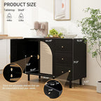 Black Sideboard Cabinet with 2 Rattan Doors and 3 Drawers, Rattan Buffet Cabinet with Adjustable Shelves & Pine Legs, Boho Sideboard Buffet for Living Room, Kitchen, Entryway, Black