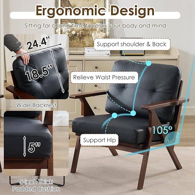 STHOUYN Black Leather Office Accent Chair Set of 2, Office Lounge Chair with Wooden Arms, Mid Century Modern Chair, Side Arm Chairs for Living Room, Comfy Guest Waiting Room Chairs (2, Black)